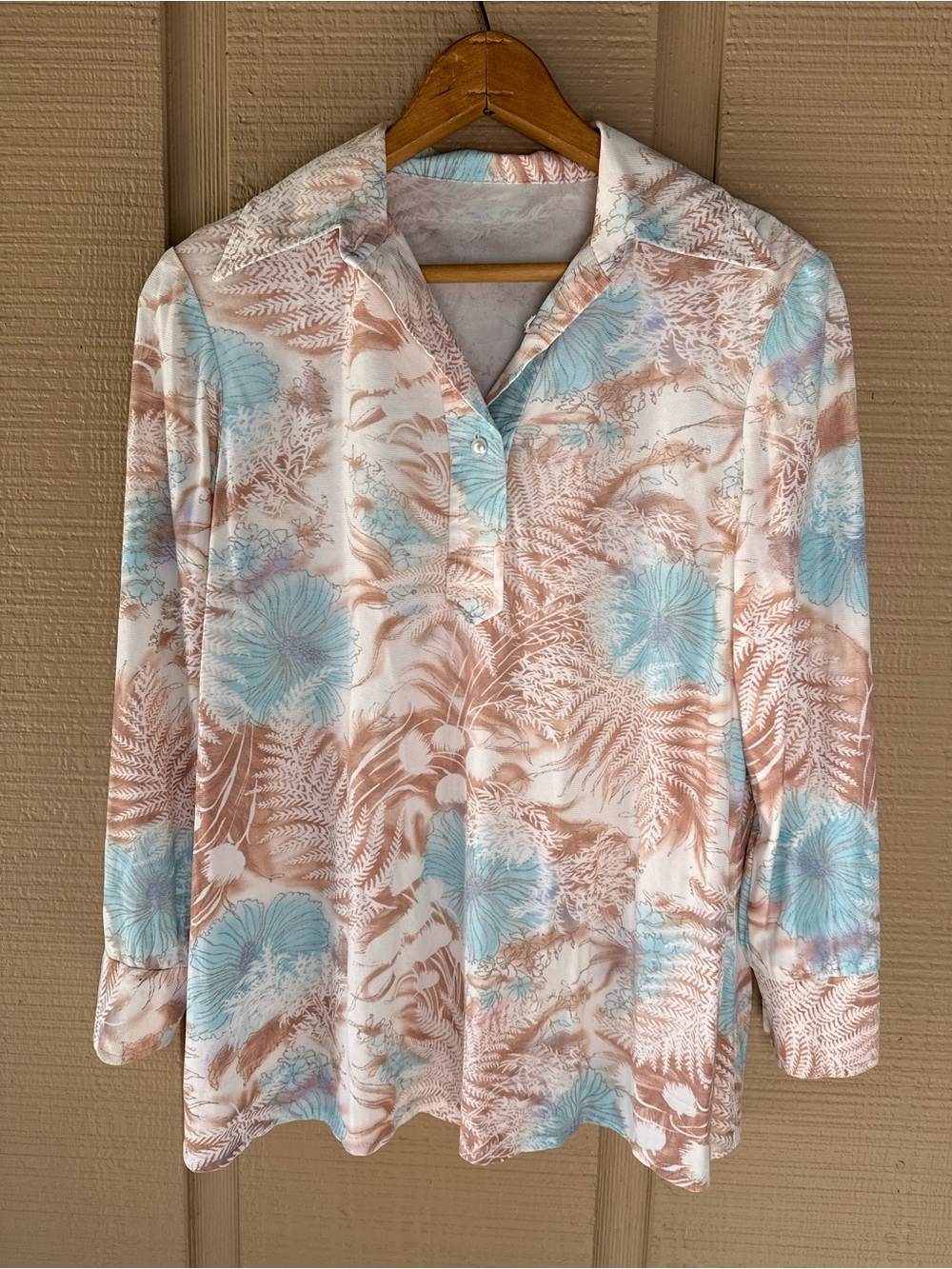 70s Vintage Polyester Floral Fern Jungle Button Front Disco Shirt Tunic S